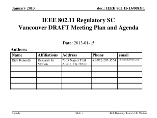 IEEE 802.11 Regulatory SC Vancouver DRAFT Meeting Plan and Agenda
