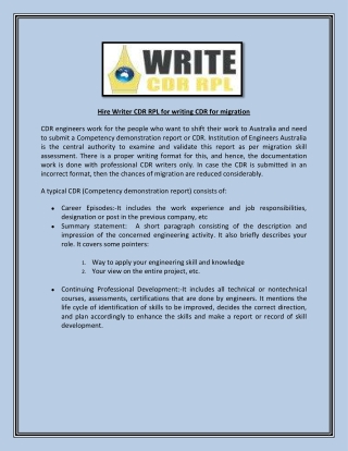 Hire Writer CDR RPL for writing CDR for migration