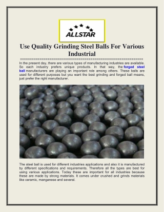 Use Quality Grinding Steel Balls For Various Industrial