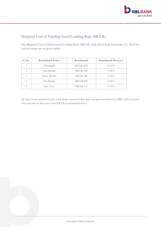 Updated MCLR Rates for Tenors | RBL Bank