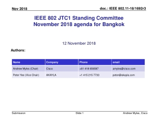 IEEE 802 JTC1 Standing Committee November 2018 agenda for Bangkok