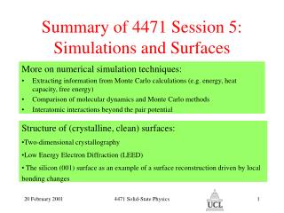 Summary of 4471 Session 5: Simulations and Surfaces