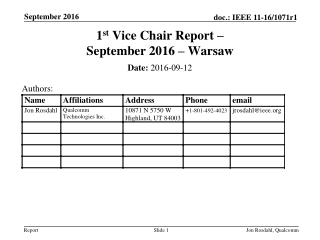 1 st Vice Chair Report – September 2016 – Warsaw