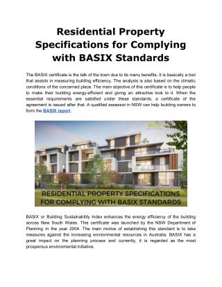 Residential Property Specifications for Complying to the BASIX Standards