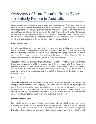 Overview of Some Popular Toilet Types for Elderly People in Australia