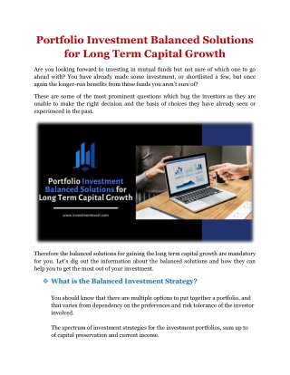 Portfolio Investment Balanced Solutions for Long Term Capital Growth