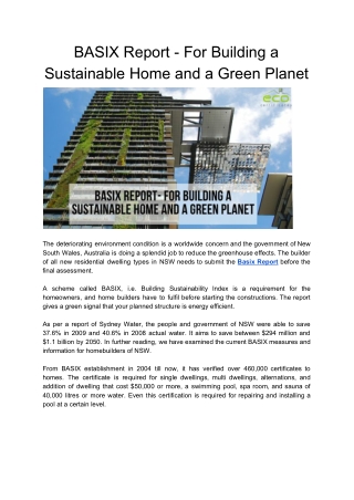 BASIX Report- For building a sustainable home and a green planet