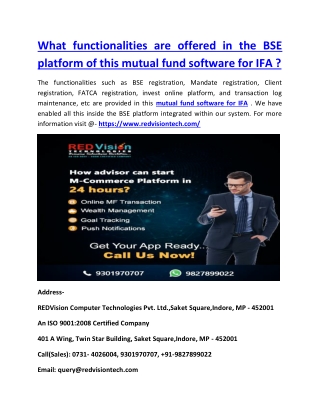 What functionalities are offered in the BSE platform of this mutual fund software for IFA ?