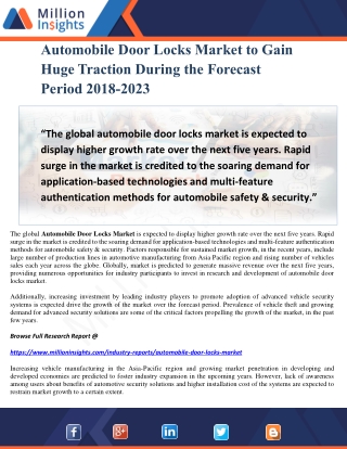 Automobile Door Locks Market to Gain Huge Traction During the Forecast Period 2018-2023