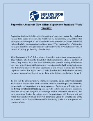 Supervisor Academy Now Offers Supervisor Standard Work Training