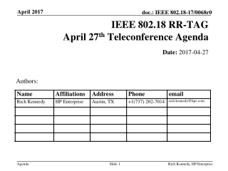IEEE 802.18 RR-TAG April 27 th Teleconference Agenda