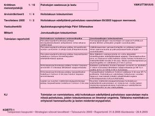 Palvelujen saatavuus ja laatu Hoitotakuun toteutuminen Hoitotakuun edellyttämä palvelutaso saavutetaan 09/2005 loppuun