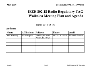 IEEE 802.18 Radio Regulatory TAG Waikoloa Meeting Plan and Agenda