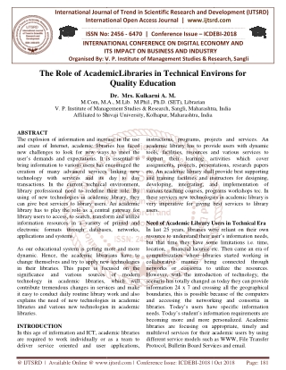 The Role of AcademicLibraries in Technical Environs for Quality Education