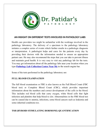 AN INSIGHT ON DIFFERENT TESTS INVOLVED IN PATHOLOGY LABS