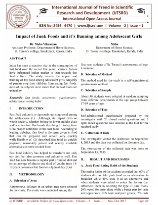 Impact of Junk Foods and its Banning among Adolescent Girls