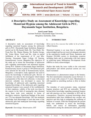 A Descriptive Study on Assessment of Knowledge Regarding Menstrual Hygiene among the Adolescent Girls in PUC, Dayananda