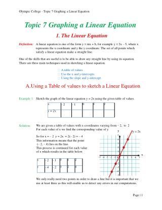 Olympic College - Topic 7 Graphing a Linear Equation Topic 7 Graphing a Linear Equation