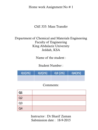 Home work Assignment No # 1 ChE 333: Mass Transfer