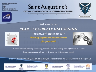 Welcome to our YEAR 11 CURRICULUM EVENING Thursday, 14 th September 2017