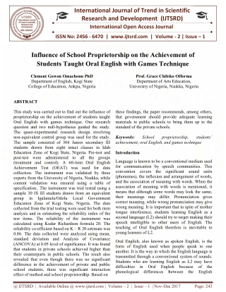 Influence of School Proprietorship on the Achievement of Students Taught Oral English with Games Technique