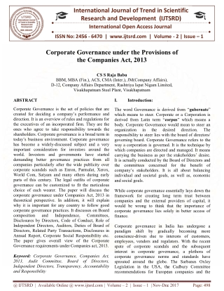 Corporate Governance under the Provisions of the Companies Act, 2013