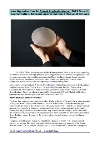 Breast Implants Market 2019 Growth, Segmentation, Revenue Approximation & Regional Outlook