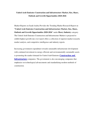 Construction and Infrastructure Market in United Arab Emirates - Outlook to 2020-2026