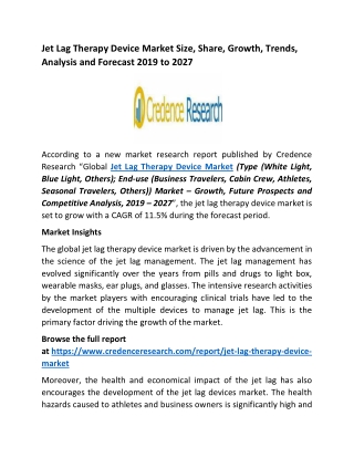 Jet Lag Therapy Device Market: Global Industry Size, Share, Growth, Trends, Analysis and Forecast 2019 to 2027