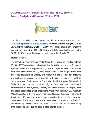 Osseointegration Implants Market: Global Industry Size, Share, Growth, Trends, Analysis and Forecast 2019 to 2027