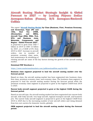 Aircraft Seating Market Strategic Insight & Global Forecast to 2027 — by Leading Players: Zodiac Aerospace-Safran (Franc