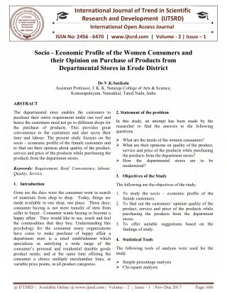 Socio Economic Profile of the Women Consumers and their Opinion on Purchase of Products from Departmental Stores in Erod