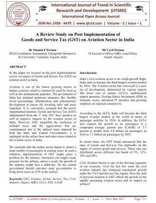 A Review Study on Post Implementation of Goods and Service Tax GST on Aviation Sector in India
