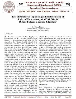 Role of Panchayats in planning and implementation of Right to Work A study of MGNREGA in District Budgam in Jammu and Ka