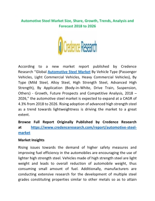 Automotive Steel Market Size, Share, Growth, Trends, Analysis and Forecast 2018 to 2026