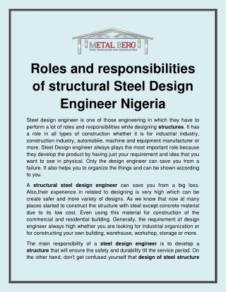 Roles and responsibilities of structural Steel Design Engineer Nigeria