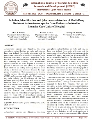 Isolation, Identification and β-lactamase detection of Multi Drug Resistant Acinetobacter species from Patients admitted