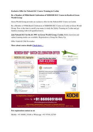 Exclusive Offer for Nebosh IGC Course Training in Cochin