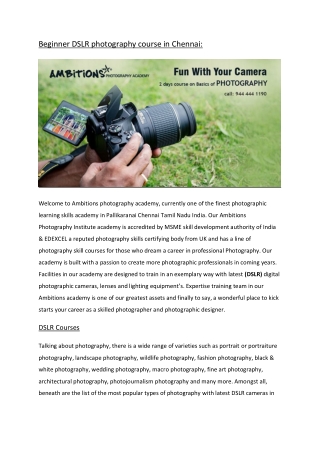 Beginner DSLR photography course in Chennai: