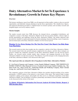 Dairy Alternatives Market Is Set To Experience A Revolutionary Growth In Future Key Players