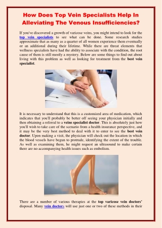 How Does Top Vein Specialists Help In Alleviating The Venous Insufficiencies