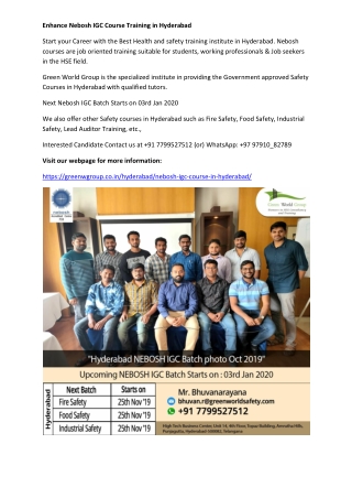 Enhance Nebosh IGC Course Training in Hyderabad