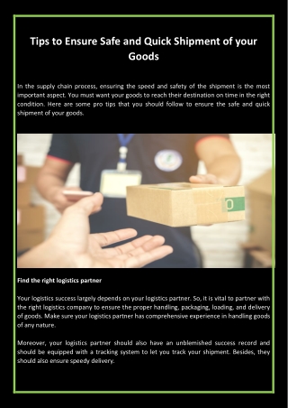 Tips to Ensure Safe and Quick Shipment of your Goods