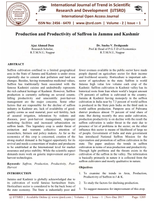 Production and Productivity of Saffron in Jammu and Kashmir