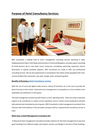 Purpose of Hotel Consultancy Services: