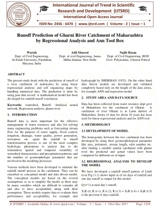 Runoff Prediction of Gharni River Catchment of Maharashtra by Regressional Analysis and Ann Tool Box