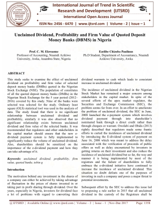 Unclaimed Dividend, Profitability and Firm Value of Quoted Deposit Money Banks DBMS in Nigeria