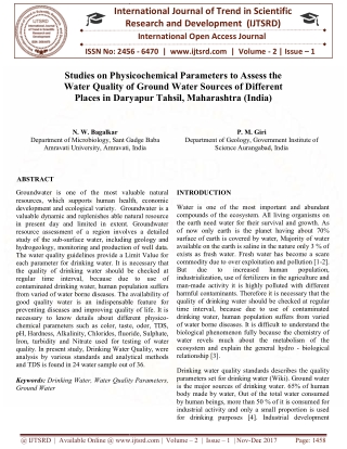 Studies on Physicochemical Parameters to Assess the Water Quality of Ground Water Sources of Different Places in Daryapu