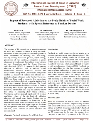 Impact of Facebook Addiction on the Study Habits of Social Work Students with Special Reference to Tumkur District