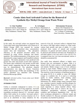 Cassia Alata Seed Activated Carbon for the Removal of Synthetic Dye Methyl Orange from Waste Water